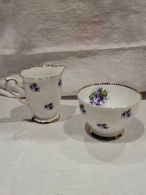 Stafford Sweet Violets Porcelain Sugar Bowl - White, Purple, Green, Gold Trim